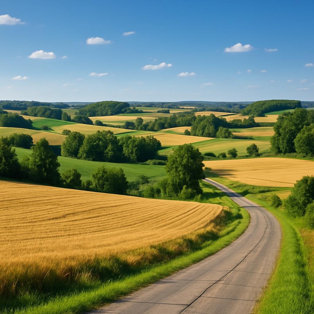 Locations 1 Rural landscape with rolling farmland in Portage County, Wisconsin