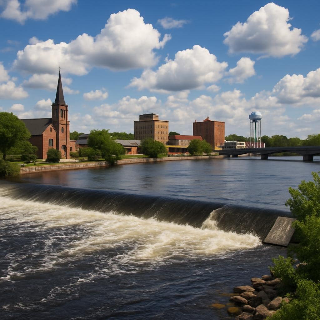 Locations 5 Wisconsin River and downtown Wausau skyline in Marathon County, Wisconsin